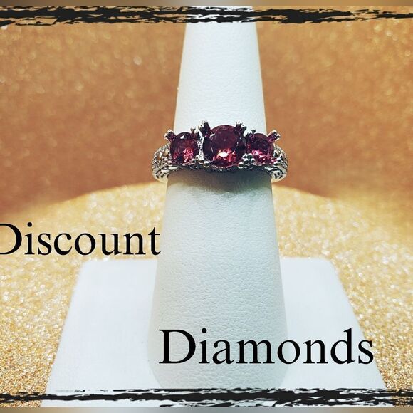 14K White Gold  over 925 Stainless 3 Stone Round Cut Ruby - Picture 6 of 6